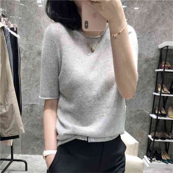 

new women's round neck cashmere sweater solid color knitted pullover fashion wild short-sleeved sweater five-point sleeve summer 210401, White