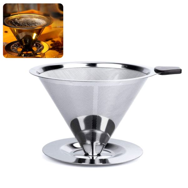 Pour Over Coffee Dripper, Edelstahl-Kaffeefilter, abnehmbarer Dripper mit Ständer, wiederverwendbarer Cone Dripper Cup-Ständer und Bürste
