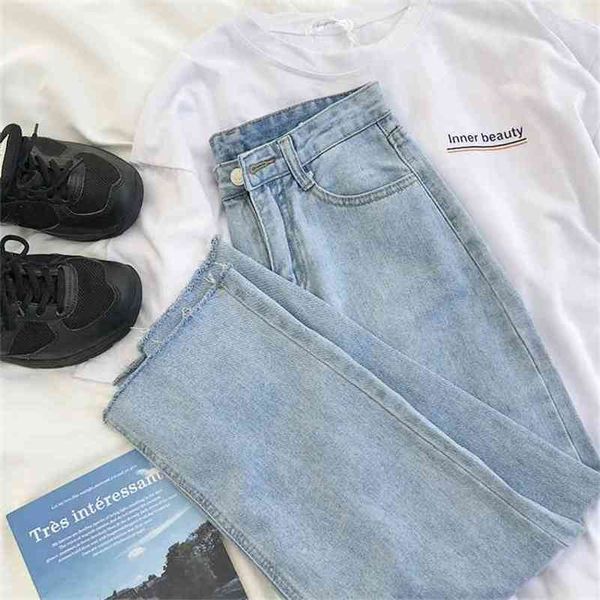 

chic high waisted jeans light blue denim cloth female spring loose vintage straight pants mom street harajuku trousers summer 210809