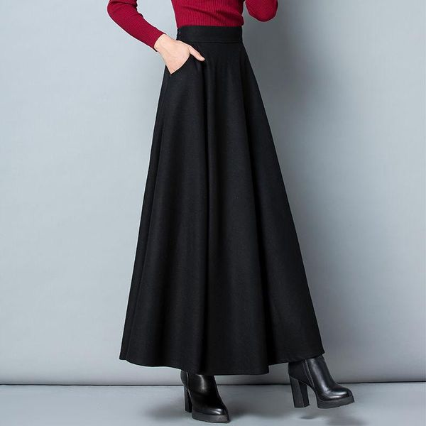 

skirts 2021 women autumn winter elegant woolen faldas lady slim solid high waist a-line skirt female loose casual pleated f78, Black