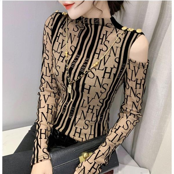 

women's t-shirt fashion net gauze design feeling off the shoulder temperament belt necklace long sleeve women, White