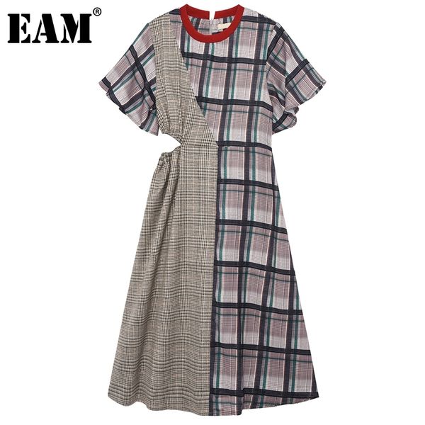 

[eam] women brown plaid hollow out plaid dress round neck short sleeve loose fit fashion spring summer 1dd6903 21512, Black;gray