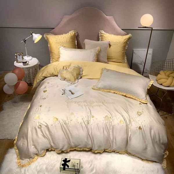 

grey yellow embroidery comforter duvet cover set shabby chic 4/7 pieces  king bedding setstencel silk ultra soft bed sheet