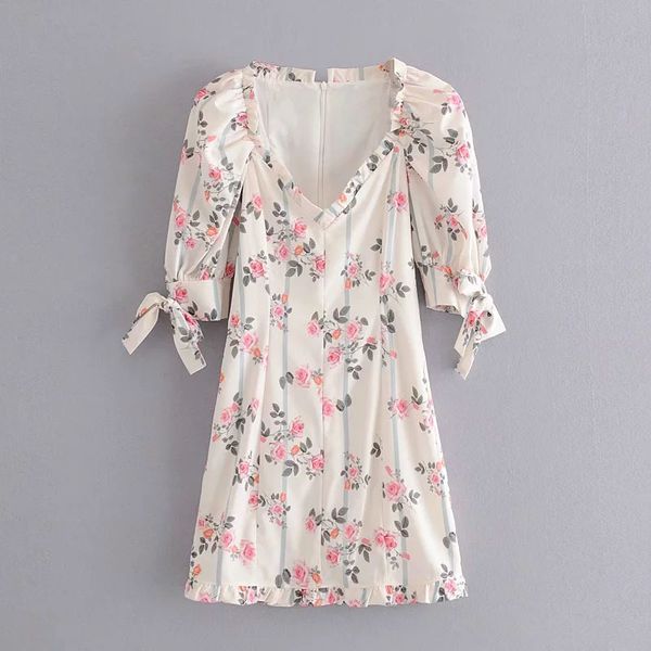 

women french vintage floral striped lace-up cuff mini dress fashion female deep v-neck with lining dresses 210520, Black;gray