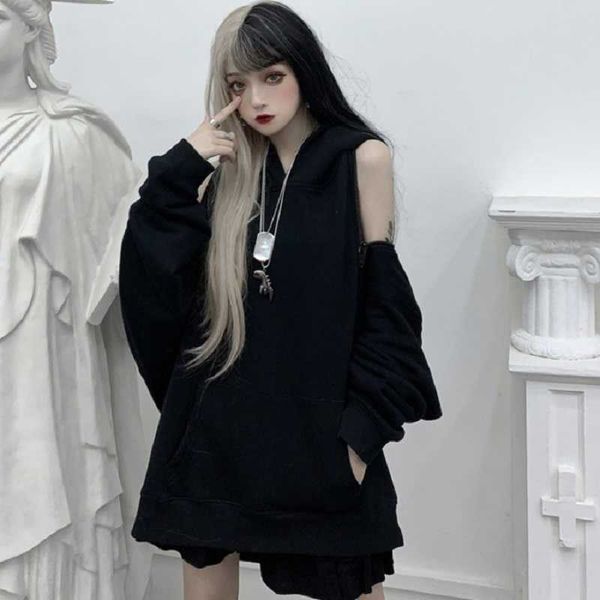 

winter casual fashion gothic autumn big size hooded dark punk hip-hop women vintage harajuku long sleeve off-shoulder sweatshirt 210608, Black