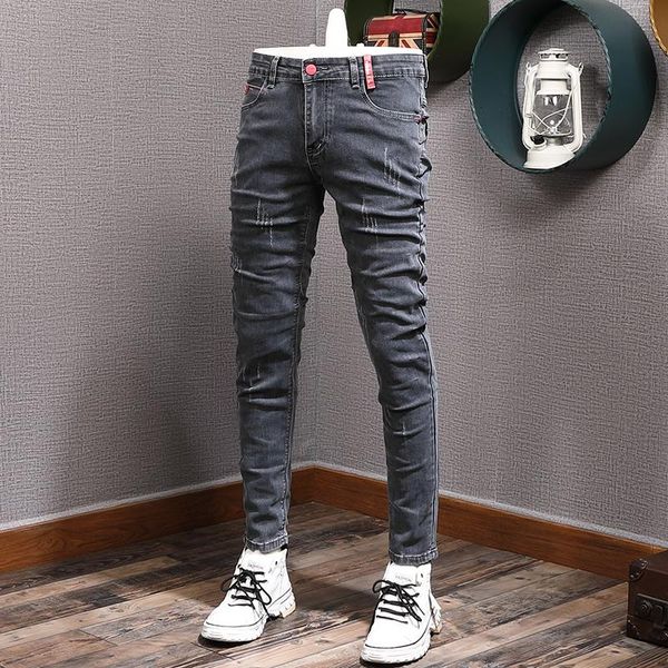 

men's jeans fashion designer retro elastic slim ripped korean style casual stretch pencil pants, Blue
