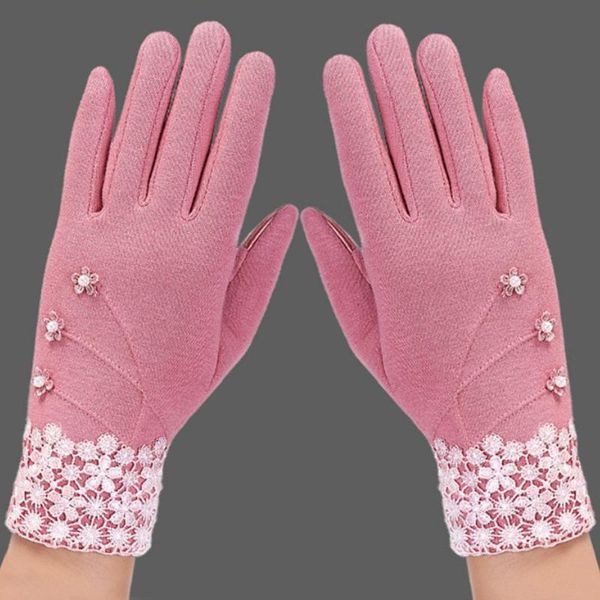

fingerless gloves elegant women touch screen 2021 fashion warm solid lace bow lady winter 29 colors full finger mitten, Blue;gray