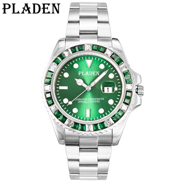 

wristwatches pladen business watches for men green stainless steel wrist watch man casual fashion waterproof dive clock, Slivery;brown