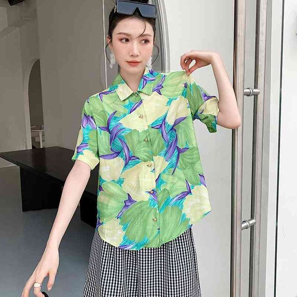 

women's blouses & shirts green floral short sleeve for women summer and blouse button up collared hawaiian fashion aae6, White