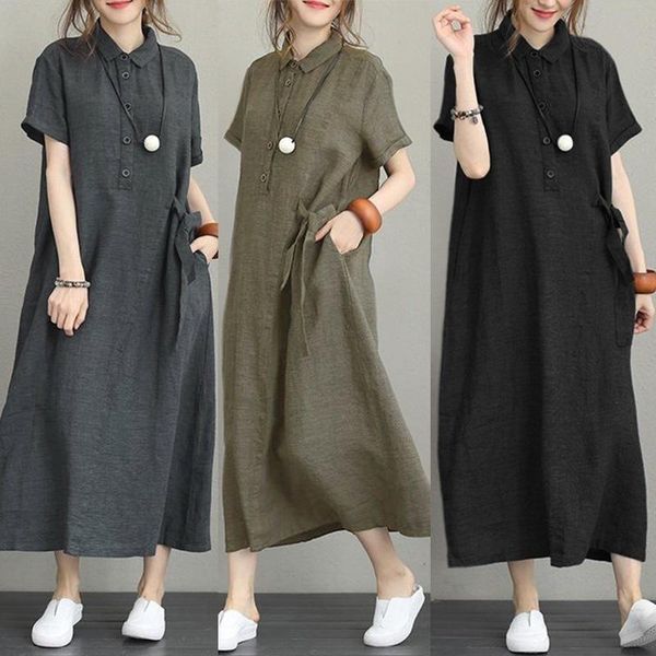 

women's wool & blends wear 2021 summer short sleeve loose pocket solid color cotton lapel casual dress, Black