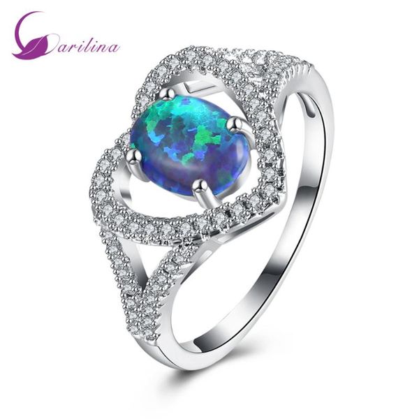 

wedding rings silver color blue fire opal ring with cubic zirconia heart gift engagement for women lady r2094, Slivery;golden