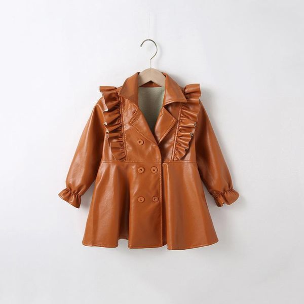 

girl's dresses korean fashion pu leather coats girls dress ruffles long sleeve outfits double breasted button vestidos toddler fall 2 t, Red;yellow