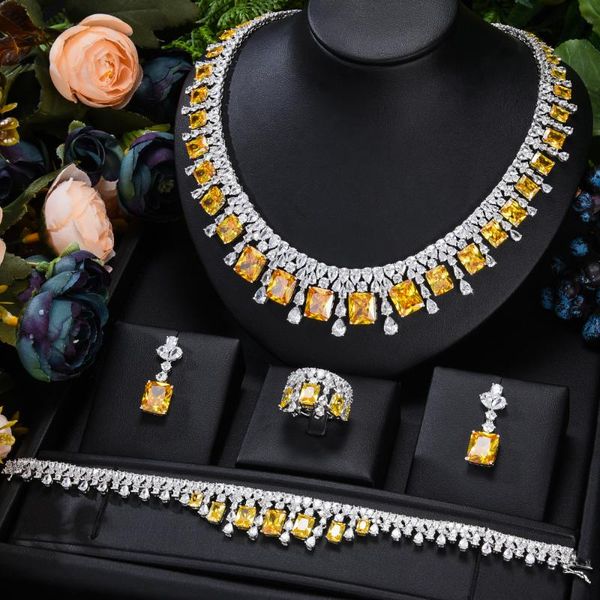 

earrings & necklace blachette jewelry exclusive luxury zircon set dubai africa women's wedding engagement banquet party 4pcs, Silver