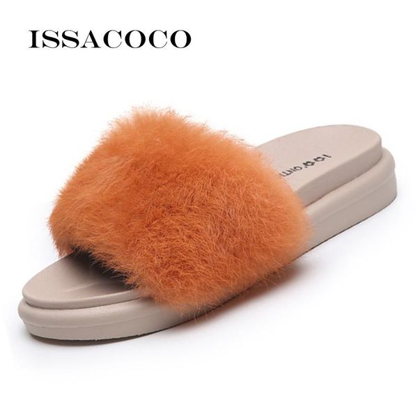 

slippers issacoco women home plush real fur fashion ladies fluffy indoor flip flops slides, Black