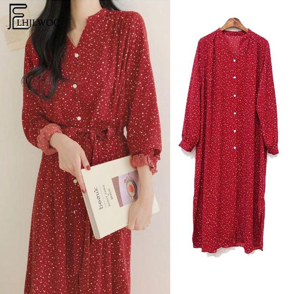 

casual dresses loose dress s women korean style spring 2021 temperament lady white red dot date vintage button shirt, Black;gray
