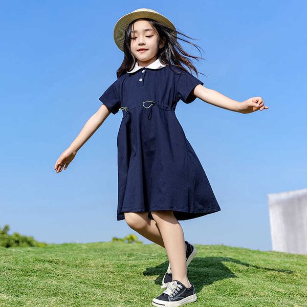 Yourseason kids casual menina vestido de algodão 2021 novo verão adolescente meninas de manga curta roupas bebê bonito botão vestidos azul q0716