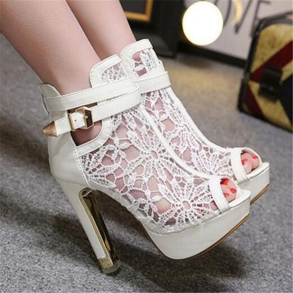 

plus size 35-42 fashion peep toe sandals women platform pumps lace mesh thick high heels shoes ankle boot summer sandalet, Black