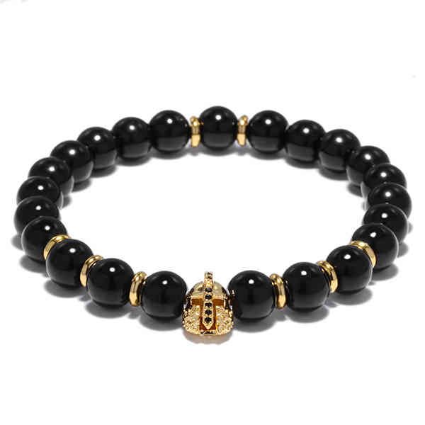 

8mm natural black onyx gemstone elastic bead bracelet cz men's warrior helmet charm bead bracelet, Golden;silver