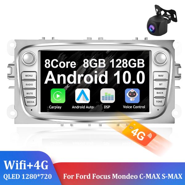 Android 10 Autoradio 2 Din Ricevitore stereo Lettore multimediale per auto per Ford Focus S-Max 2007-2012 Galaxy C-Max GPS
