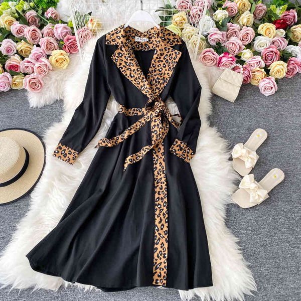 

casual dresses women notched leopard long sleeve euro urban ladies sashes printed queen style mid-calf swing es 87ga, Black;gray