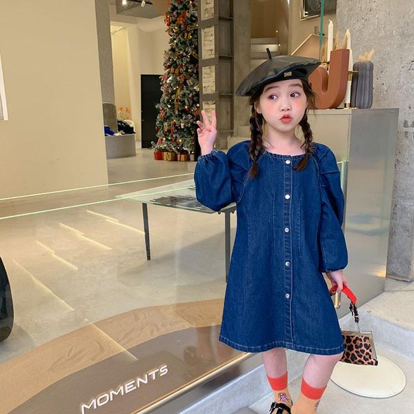 

girl's dresses 2021 spring children's wear korean slim dress baby bubble sleeve denim 2-91, Red;yellow