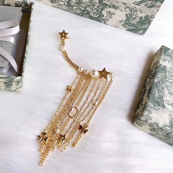 

c1890 s925 silver needle star pearl earrings multi-layered tassel ear bone clip female personality joker letter earrings, Golden;silver