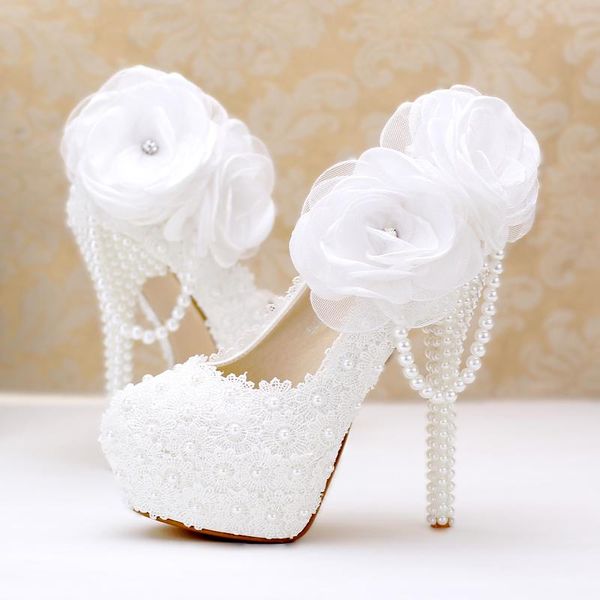 

women wedding shoes white high heels 14cm platform pearl chain bridal pumps lace flowers ladies party footwear dress, Black