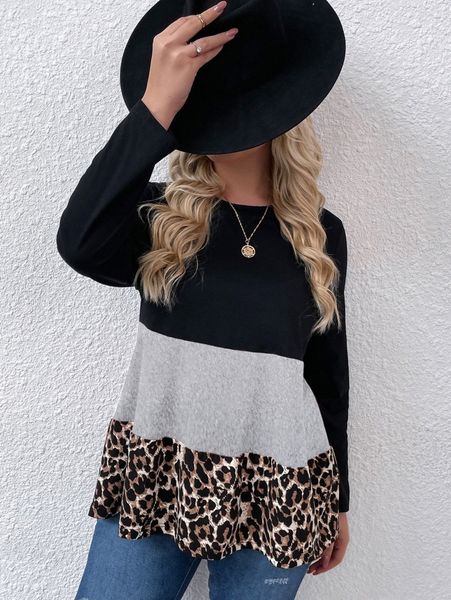 

plus color block leopard print tee a5h6#, Black