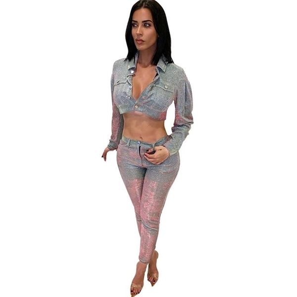 

glitter two piece sets women turn-down collar long sleeve bomber jacket and ankle-length pants suit matching outfits, Gray