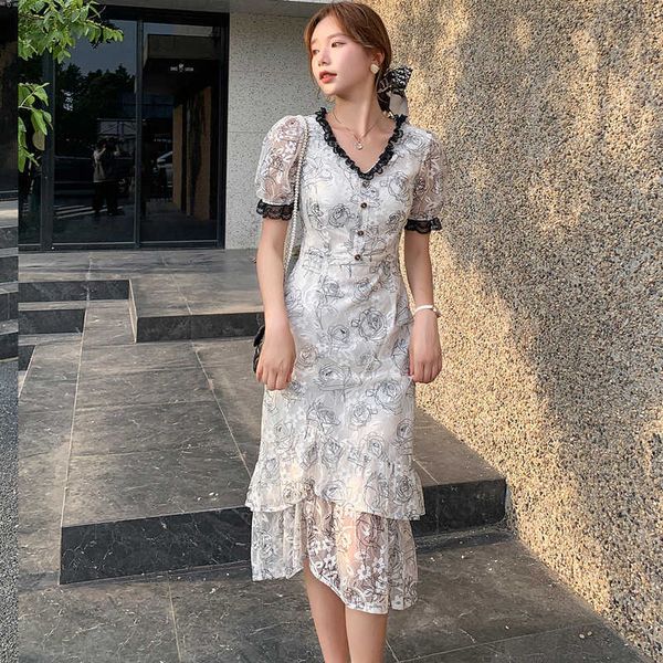 

summer korean fashion chiffon dresses women mesh short sleeve office lady bodycon plus size sheath vintage 210531, Black;gray