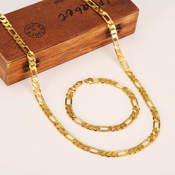

fashion 18k yellow gold c men's or women's trendy bracelet 21cm necklace set figaro chain watch link, Silver