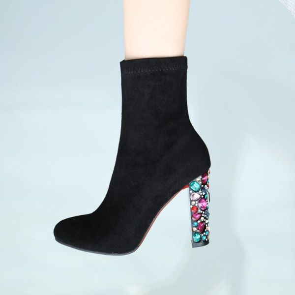 

boots 2021 winter real leather ankle women kid suede zip block heel short crystal extreme high shoes lady autumn35-42, Black