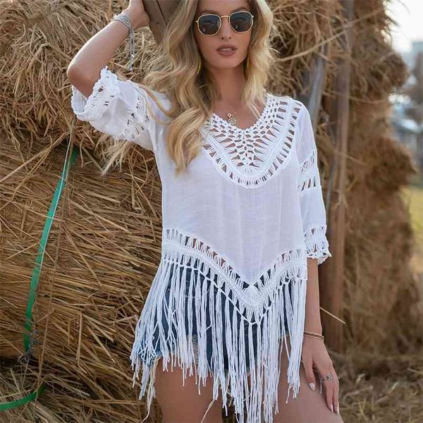 

summer beach dress tassels pareo swimwear women hollow out wear bikini cover up loose swim sundress tunic 210722, White;black