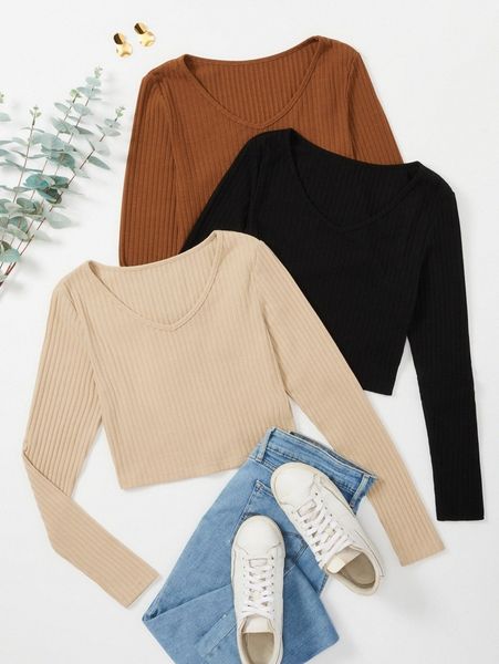 

plus 3pcs solid rib-knit v neck tee w1m9#, Black