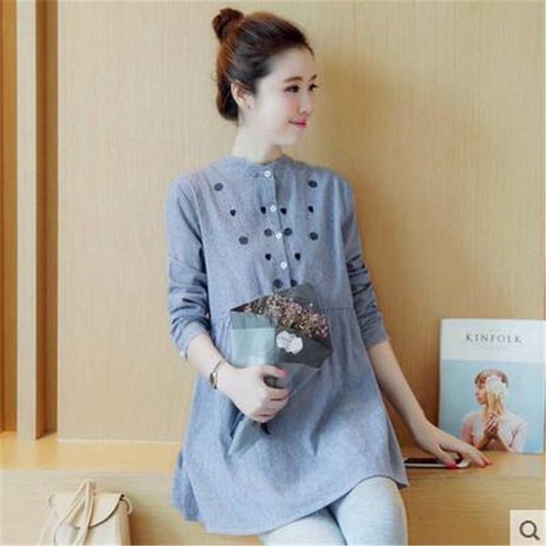 

maternity dresses clothes pregnant women casual striped embroidered cotton, White