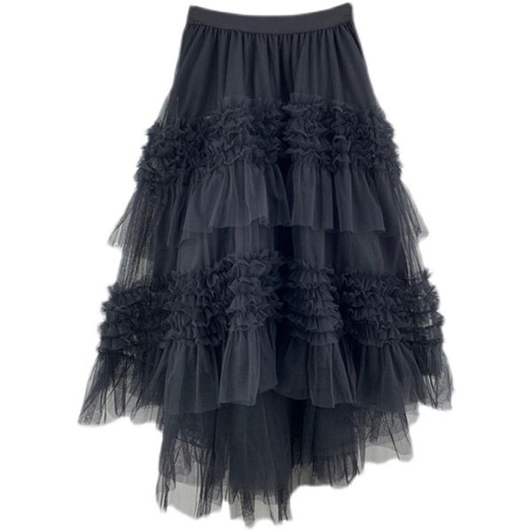 

fashion ball gown gauze skirts women asymmetrical mesh faldas mujer ruffles edge irregular fairy female jupe 210514, Black