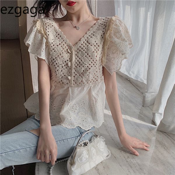

ezgaga lace patchwork embroidery floral blouse women short sleeve summer korean fashion hollow out ruffle slim sweet shirts chic 210430, White