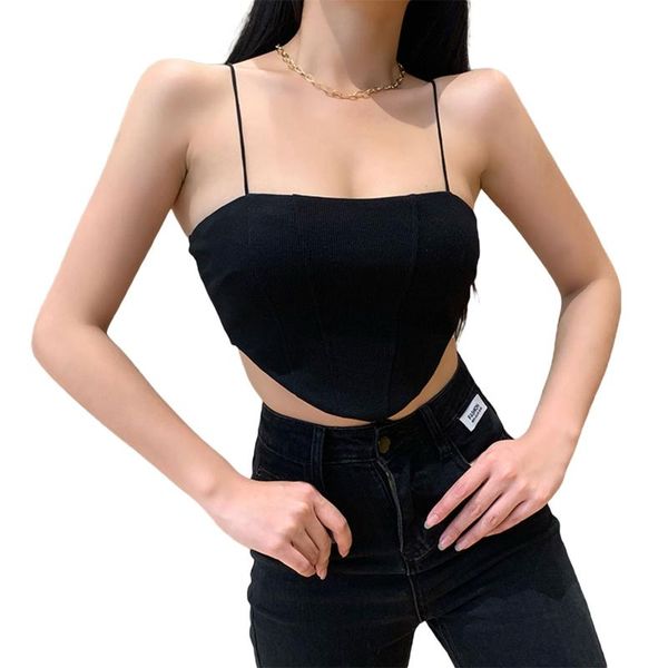 

women's tanks & camis spaghetti strap bustier sleeveless solid color rib knit irregular crop cami, White