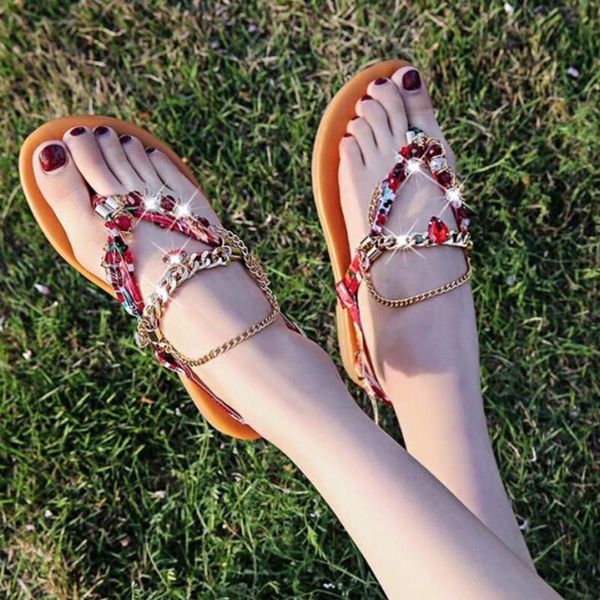 

women's sandals bohemian rhinestone belt buckle clip toe flat beach shoe, Black