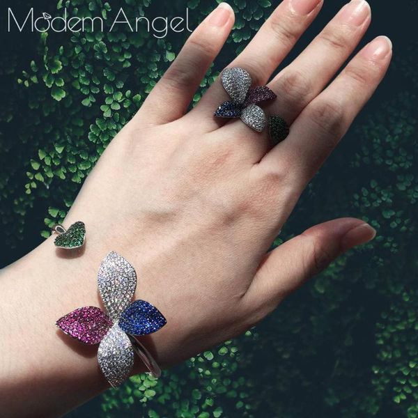 

earrings & necklace modemangel luxury flower leaf micro cubic zirconia pave women engagement party gift bracelets bangle and ring set, Silver