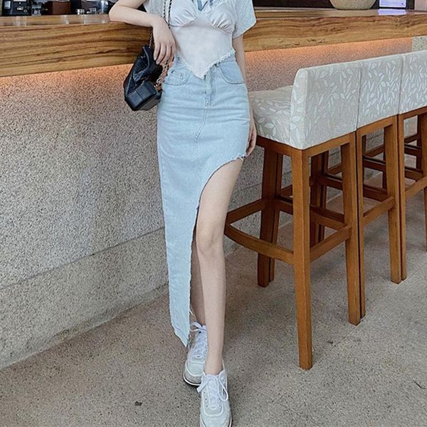 

skirts 2021 women high waist trendy irregular denim blue skirt fashion mid-calf hips jean spring summer autumn fall, Black