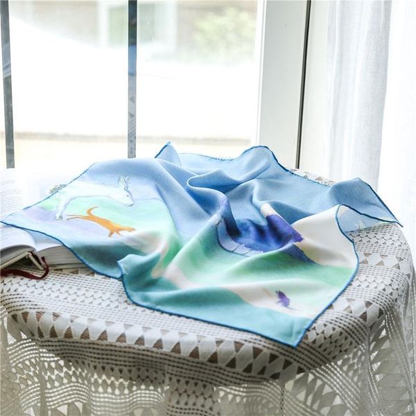 

scarves cute cartoon 100% silk neckerchief bandana women fashion small square wraps 21", Blue;gray