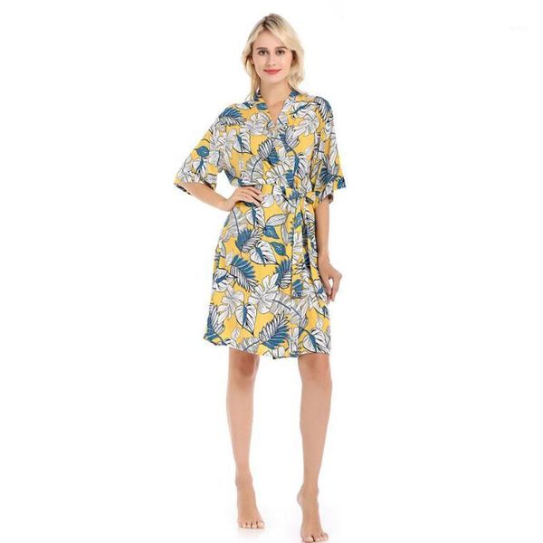 Sleepwear feminino de algodão Roupão de banho Senhoras Verão Mulheres Planta Imprimir Robe V Pescoço Belted Belted Vestido Casa Three Quarter Pijama 2021 FG379