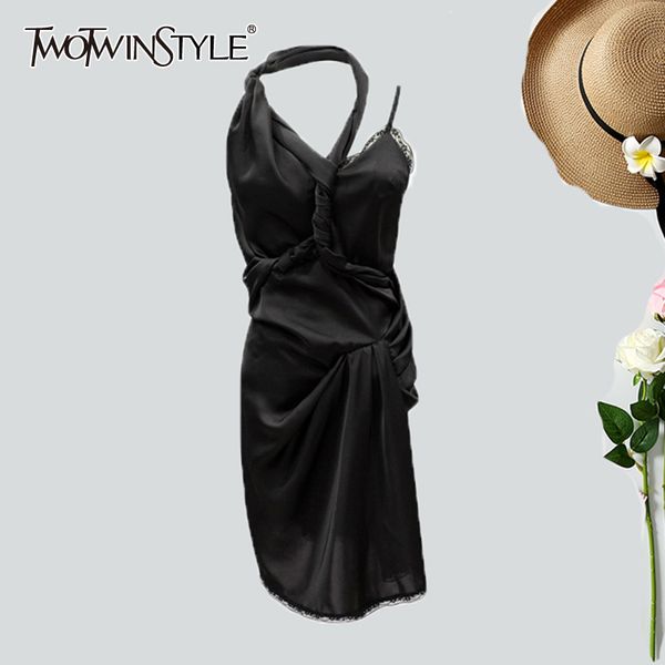 

twotwinstyle asymmetrical patchwork lace dress for women v neck sleeveless high waist dresses female fashion summer 210517, Black;gray