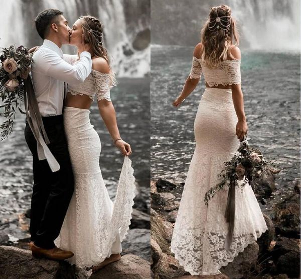 

bohemian full lace mermaid wedding dresses bridal gowns two pieces bateau neck off shoulder summer boho beach bride dress, White