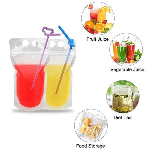 Pipetli plastik içecek torbaları Fit smoothie buz içecek meyveleri için yeniden kullanılabilir berrak meyve suyu torbaları