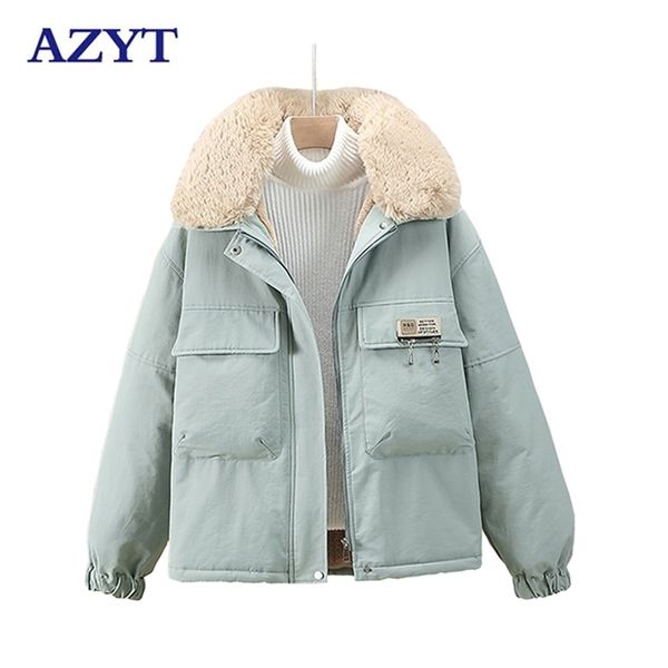 

azyt winter fur collar parkas women casaco feminino lambswool thicken warm jacket female korean loose cotton coat 211216, Black