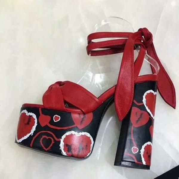 

ins heart printed platform suede leather bowtie lace up sandals 14cm chunky heels female gladiator knot zapatos mujer, Black