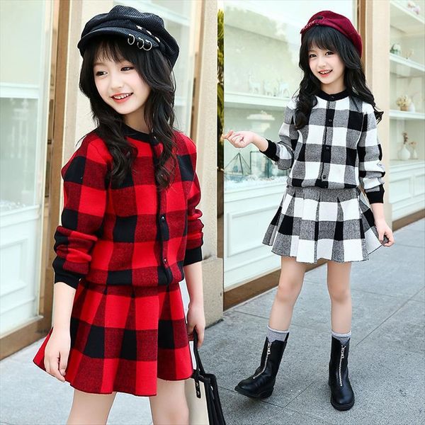 

children sweater clothing set autumn winter girls kids knitted plaid coat skirt suits for 9 6 7 10 11 12, White