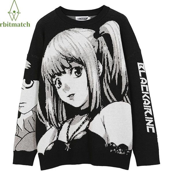 

men's sweaters oversize mens pullovers streetwear japanese anime girl cotton knitted loose hip hop casual woman, White;black